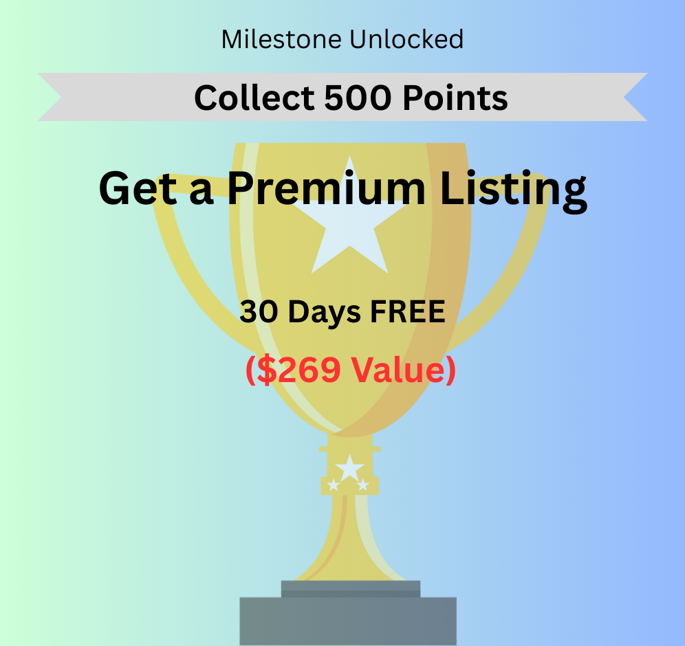 A graphic with a trophy and text: "Milestone Unlocked, Collect 500 Points, Get a Premium Listing, 30 Days FREE ($269 Value).