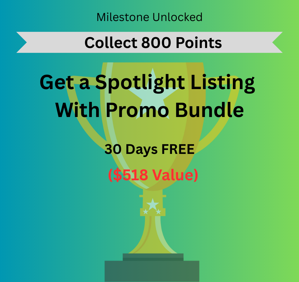 A trophy with text reads: "Milestone Unlocked. Collect 800 Points. Get a Spotlight Listing With Promo Bundle. 30 Days FREE ($518 Value).